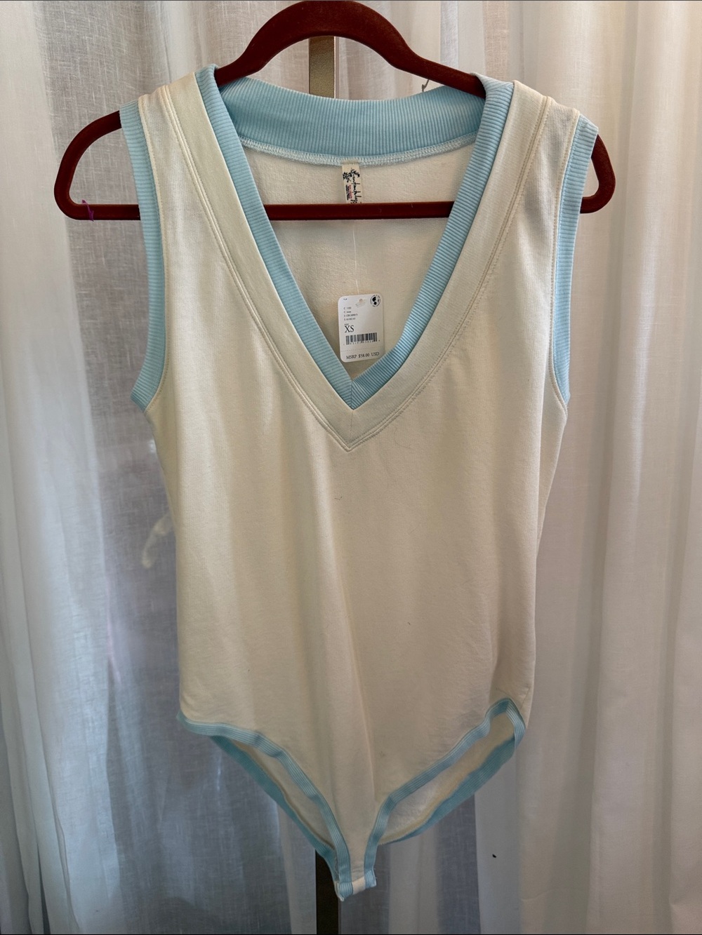 Free People Cream Sleeveless V-Neck Bodysuit with Light Blue Trim